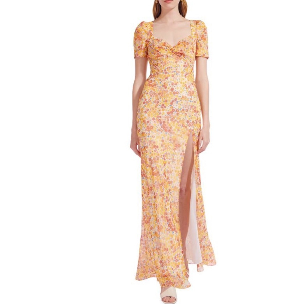 NWT STAUD Lea Knot-Front Puff-Shoulder Maxi Dress Floral Yellow Sz 2